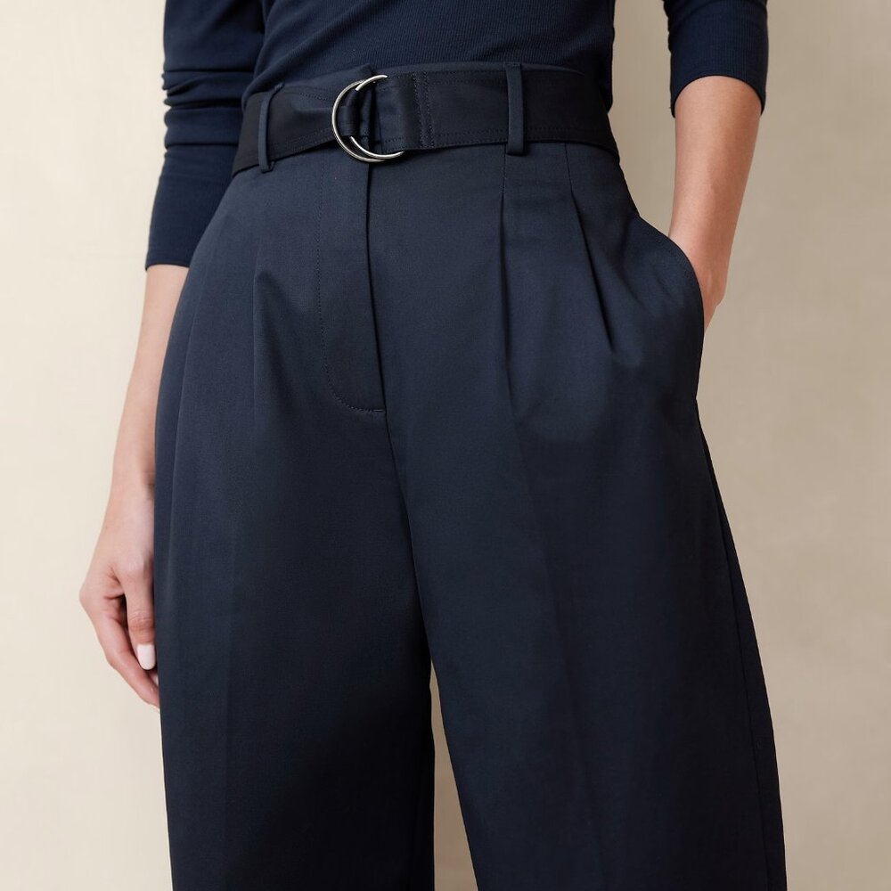 NEW Banana Republic Navy Blue Cruz Wide-Leg Hi-Rise Pleated Cotton Chino Pant 10 - Picture 3 of 4